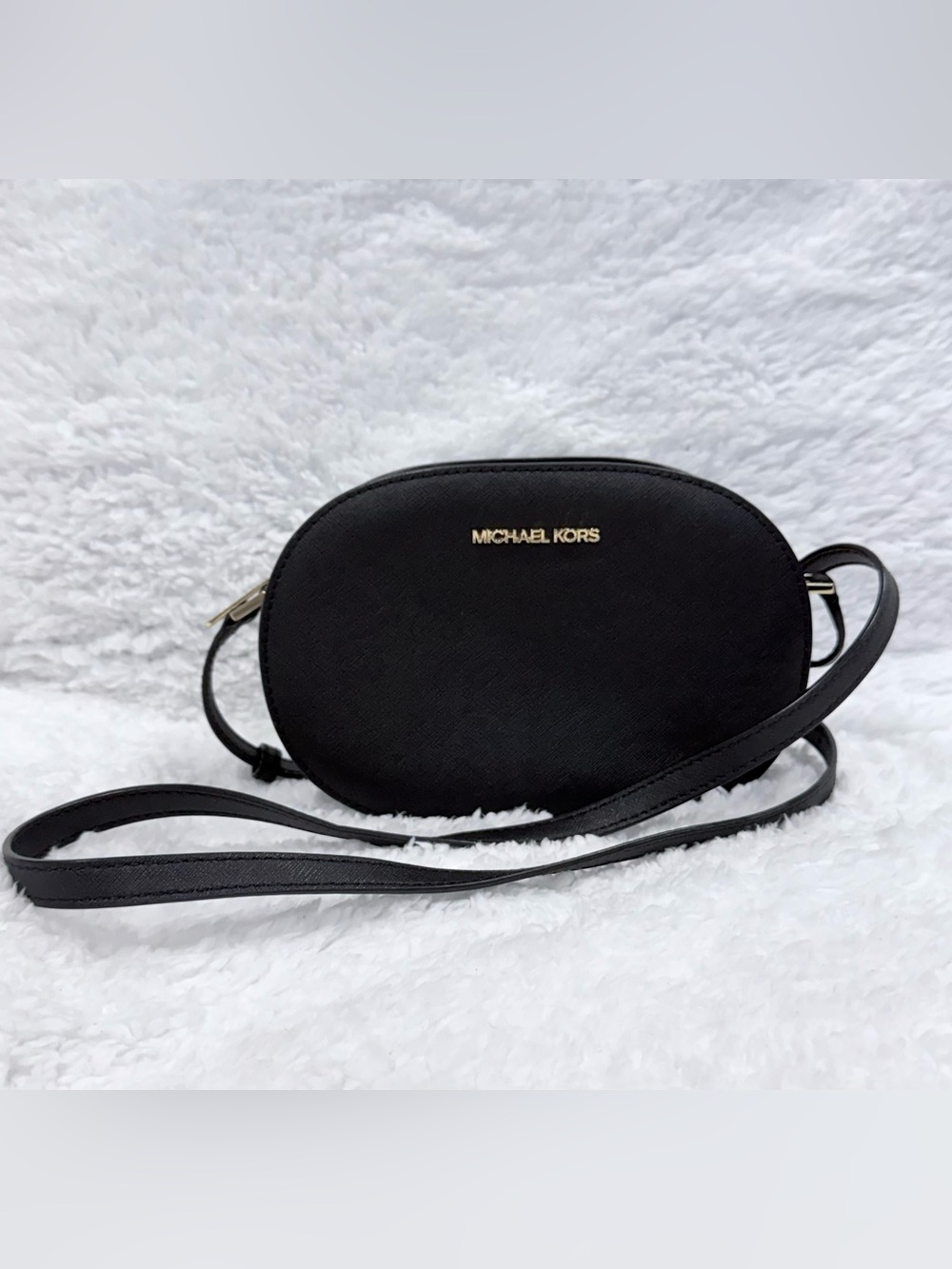 Michael Kors Black Oval Saffiano Crossbody with Gold Logo